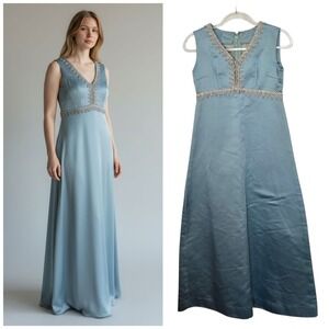 Blue‎ Beaded V Neck Sleeveless Maxi Dress Hand Made Formal Evening Gown  READ